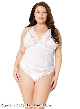 Freizügiger Dessous-Teddy, großes Schleife, offener Schritt, Blumenspitze, Peek-a-Boo-Körbchen, Plus Size